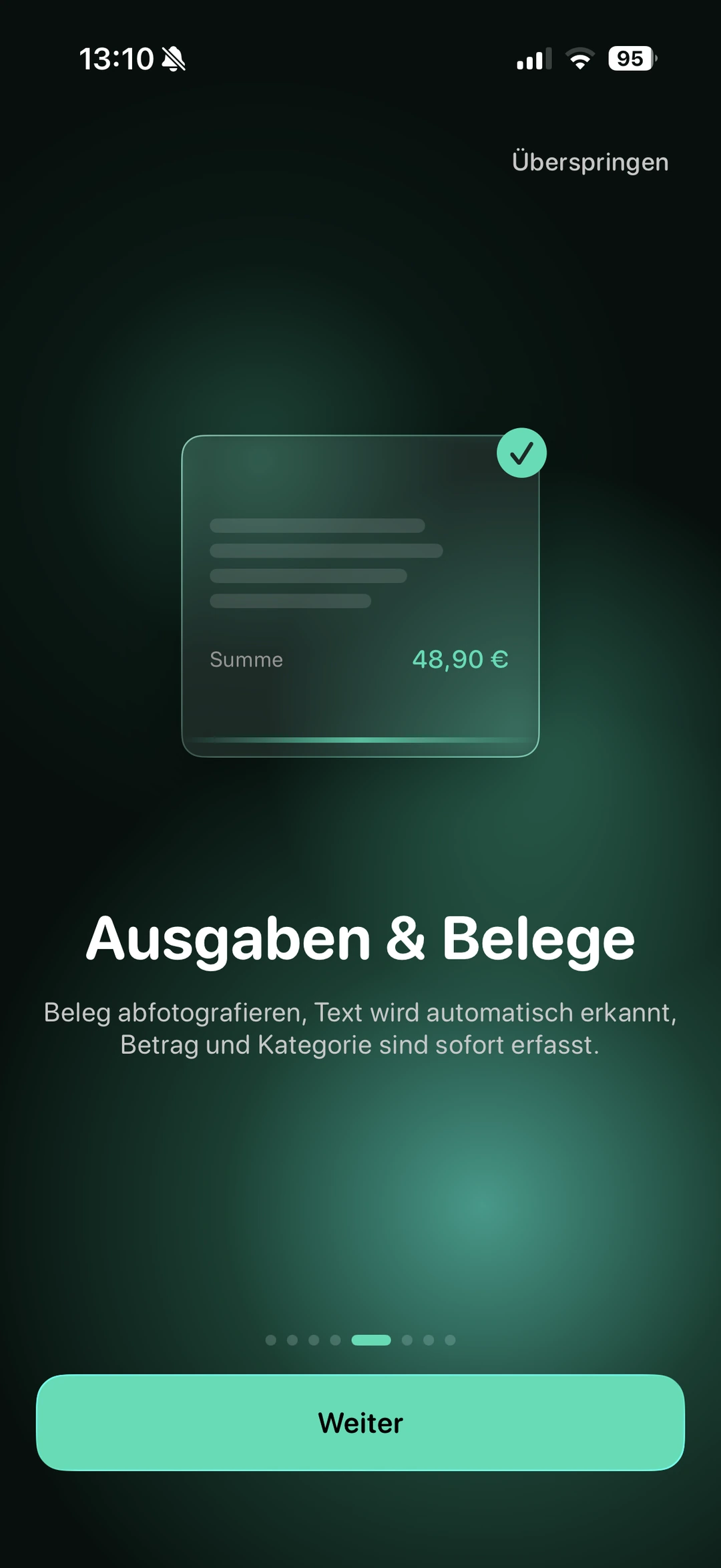 USELY App Screenshot: Beleg scannen, Summe wird automatisch erkannt