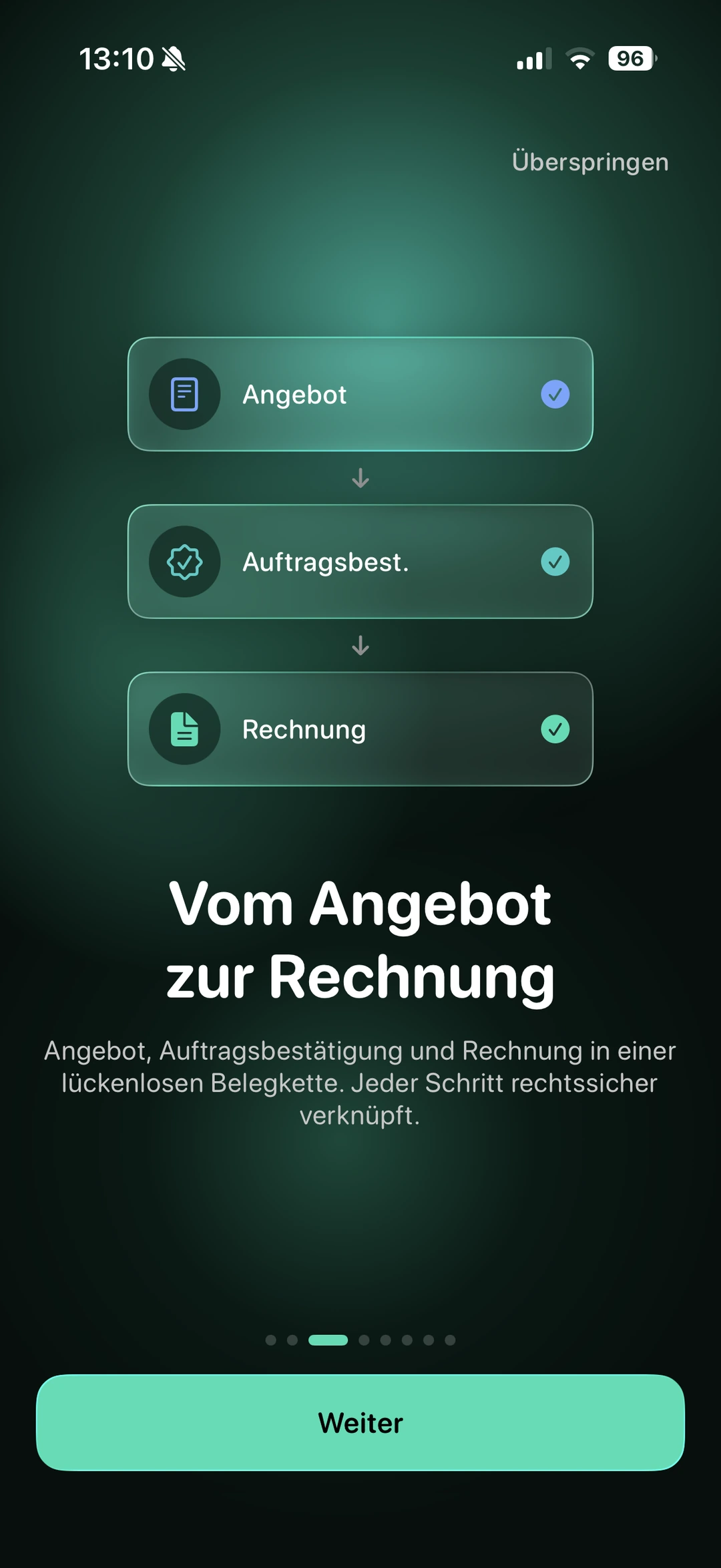 USELY App Screenshot: Belegkette von Angebot über Auftragsbestätigung zur Rechnung