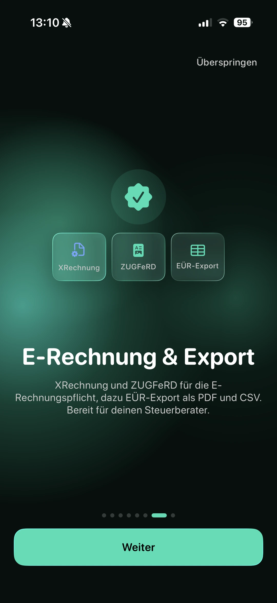 USELY App Screenshot: E-Rechnung mit XRechnung, ZUGFeRD und EÜR-Export