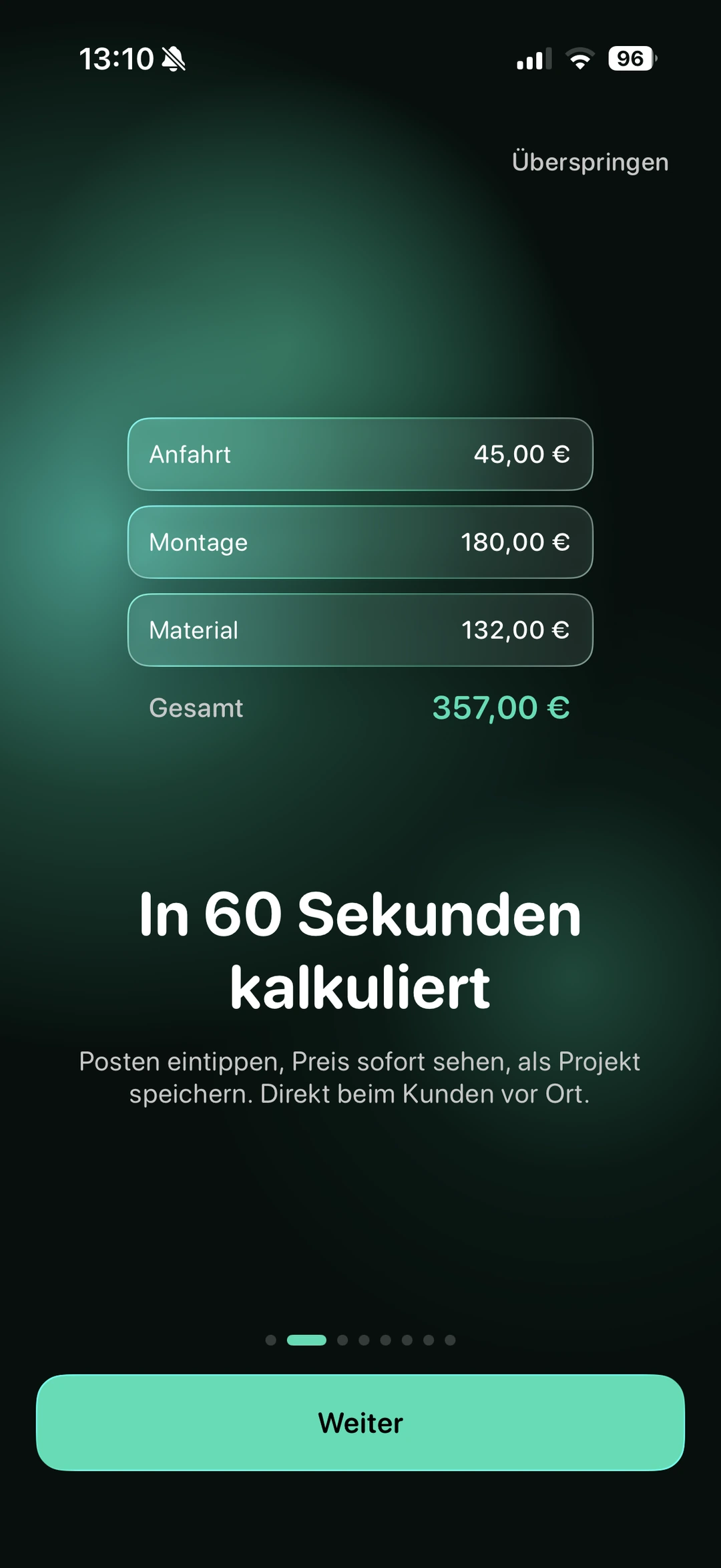 USELY App Screenshot: Kalkulation mit Posten Anfahrt, Montage und Material, Gesamtsumme in Echtzeit