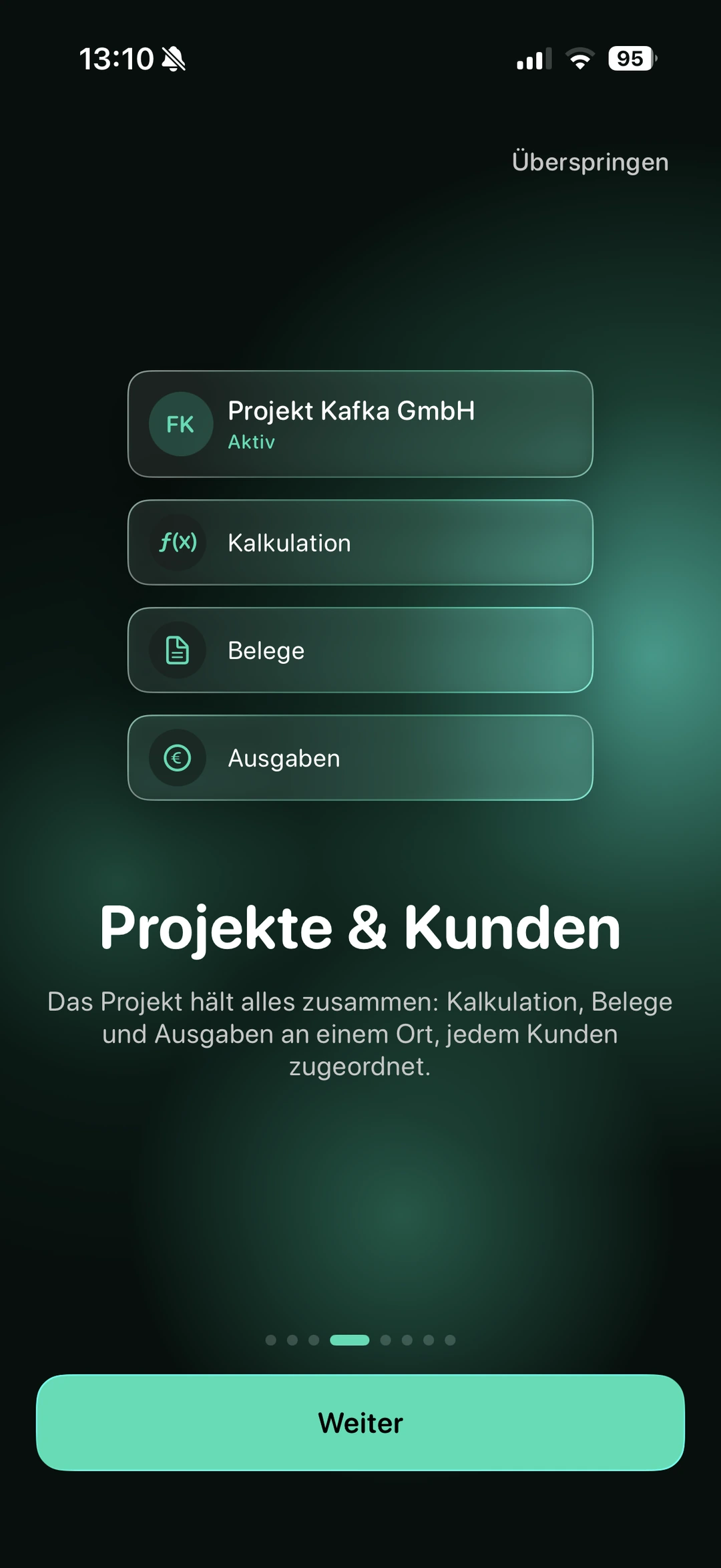 USELY App Screenshot: Projekt mit Kalkulation, Belegen und Ausgaben an einem Ort